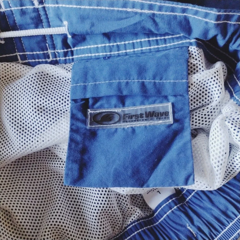 FIRST WAVE Mens Board Shorts‎ Swim Trunks Blue With White Details Size Large
